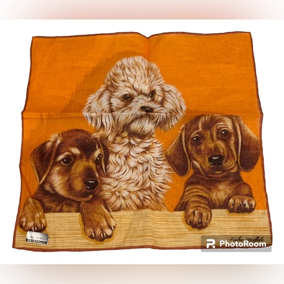Fisba Stoffells Handrolled Square Handkerchief Scarf Orange Dachshund Poodle Dog - Picture 1 of 3
